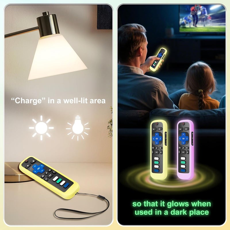 ENJOYLink for Roku Remote Cover,Compatible with All Roku TV Remote Glow in The Dark Silicone Protective Case Yellow and Purple 2-Pack - Image 5